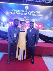  (L-R) The National President of the Students Body - Temidayo Olalekan, CEO and founder of Advocates International - Teresa Conradie and The National Field Representative of CLASFON - Victor Chapi, Esq.)