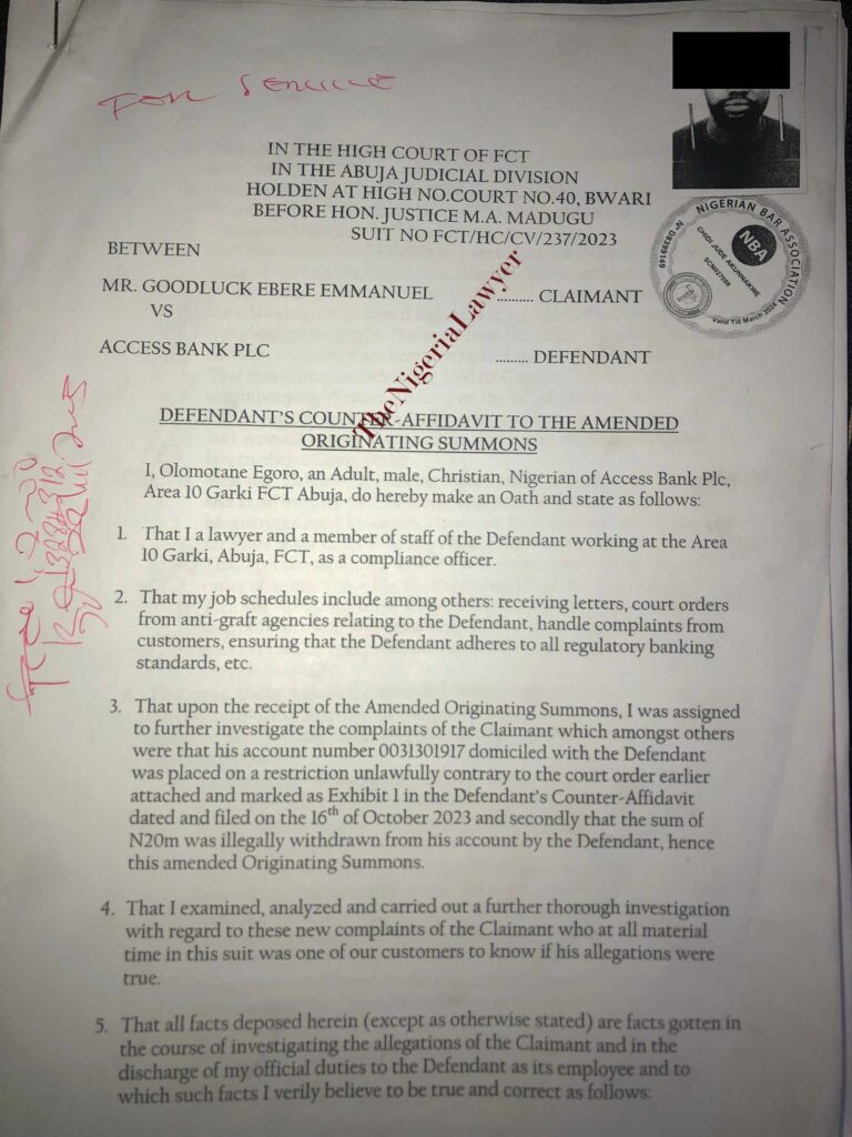 This is the counter affidavit filed by Access Bank in response to our Originating Summons at the FCT High Court, admitting that the account accepted from the court order was incorrect but asserting it was a mistake.